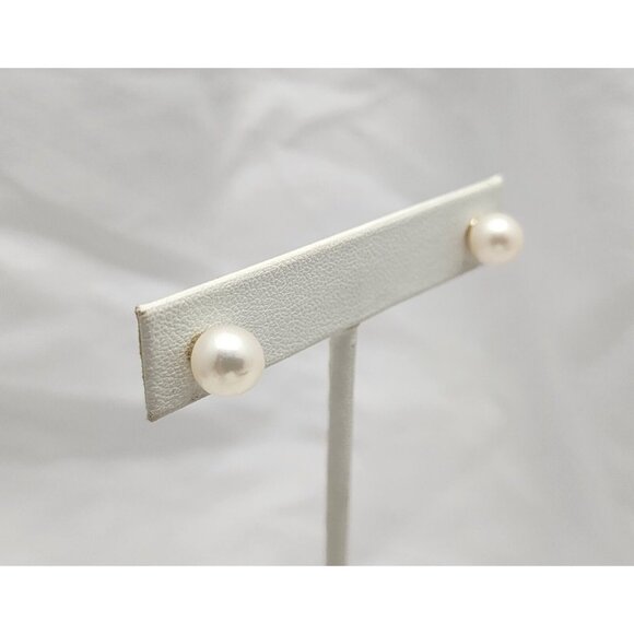 Beautiful 14K Karat Solid Yellow Gold Designer Round Pearl Stud Earrings - Picture 13 of 16